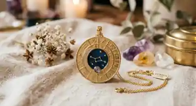 Pendentif céleste doré posé sur un tissu ivoire